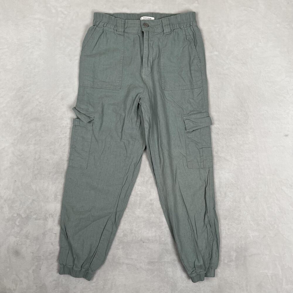 PacSun Cargo Pants Womens Medium Green Linen Blend Relaxed Fit Jogger Cuff